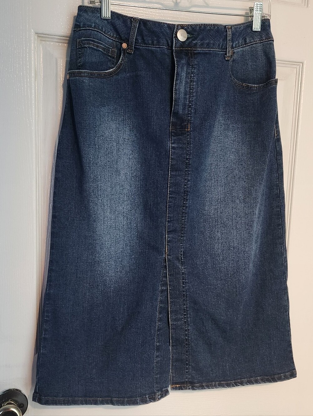 1822 Dark Wash Denim Midi Skirt - Dark Blue Slit Size 16